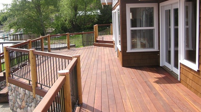 Brazilian Redwood Decking screwed and plugged. This deck is located on Big Lake in Skagit County, WA 98284